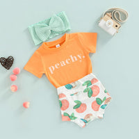 3pcs  Letter Short Sleeve Top+ Peach Printed outfit bby
