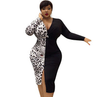 Plus Size avail Women Clothing Temperament Dresses Patchwork Leopard Bodycon Dress Deep V Neck Sexy Slit Dress