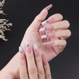 24pcs/Box Flower Green Press On Nails Long Ballet Peach Blossom Sexy Nails Full Detachable Fake Nails Tips Wearable Coffin Nails