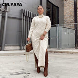 Thick Warm Knit Ribbed Long Sleeve Turtleneck Side Slit Maxi Long Slim Dress Pullover Sweater