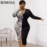 Plus Size avail Women Clothing Temperament Dresses Patchwork Leopard Bodycon Dress Deep V Neck Sexy Slit Dress