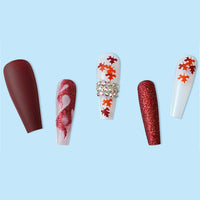 Autumn Winter New False Nails With Designs Long Ballerina Maple Leaf Fake Nails Press On Nails Wine Red French Coffin Nail Tips