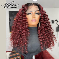 Deep Wave  curly Ombre 1B99J Burgundy Red Color 4x4 Closure Frontal 13X4 Glueless Lace Front Human Hair Wigs  Prepluck - Divine Diva Beauty