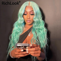 13x4 Mint Green Highlighted Lace Frontal Wig 180 Density Colored Body Wave Lace Front Wig Transparent Lace Wigs - Divine Diva Beauty