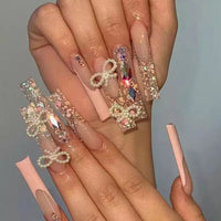 Long False Nails Snowflake Design Shiny French Fake Nails with diamond