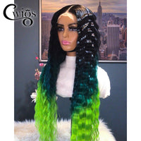 30inch Deep Wave Green Ombre Color 13x4 Lace Front Synthetic Wigs Transparent