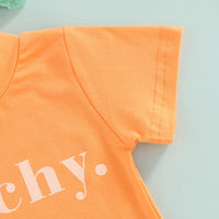 3pcs  Letter Short Sleeve Top+ Peach Printed outfit bby