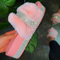 Fur Rhinestone Slippers Platform Wedges Heel Solid Fluffy Furry Slide shoes