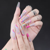 24pcs/Box Flower Green Press On Nails Long Ballet Peach Blossom Sexy Nails Full Detachable Fake Nails Tips Wearable Coffin Nails