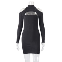 Turtleneck  Bodycon Dress Elegant Solid Black Dresses Dress Hollow Out Long Sleeve