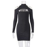 Turtleneck  Bodycon Dress Elegant Solid Black Dresses Dress Hollow Out Long Sleeve