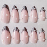 Stiletto False Nails Full Cover Nail Tips Almond Fake Nails With Heart Gold Line Pearl Design Press On Nails Full Cover Nail Tip