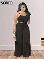 plus size avail Solid Color Outfits Stitching Lace Up Sling shirt Tops Casual Wide Leg Pants Suit