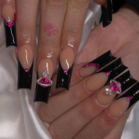 24pcs Black French artificial nails with designs Queen Mother rhinestone removeable fake nails with glue press on nails long