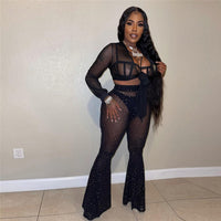 Sexy Black See Through 2 Piece Sets Crop Top Flare Pants - Divine Diva Beauty