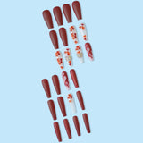 Autumn Winter New False Nails With Designs Long Ballerina Maple Leaf Fake Nails Press On Nails Wine Red French Coffin Nail Tips