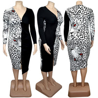 Plus Size avail Women Clothing Temperament Dresses Patchwork Leopard Bodycon Dress Deep V Neck Sexy Slit Dress