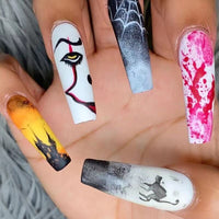 24Pcs Halloween Black Ghost Long Ballet False Nails With Heart Blood Design Halloween Press On Nails Detachable Full Cover Nails