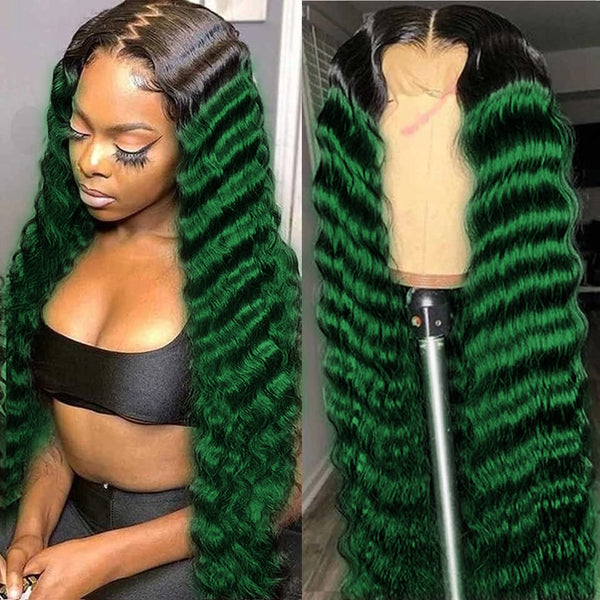 Ombre T1b/Green Colored 13x4 Loose Deep Wave Lace Front Human Hair Wigs ****SALE