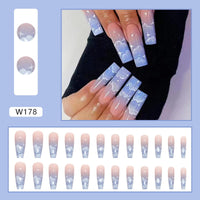 24pcsLong Coffin False Nails French Ballerina Fake Nails With Blue White Cloud Pattern Design Full Cover Nail Tips Press On Nail