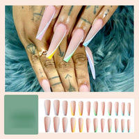 24Pcs Gradient Long Ballet False Nails With Flower Rhinestones Glitter Design Wearable Press On Nails Acrylic Nail Tips
