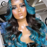 Loose Wave Ginger Green Blue Highlight Ombre Color Synthetic Glueless Invisible 13X4 Lace Front Wigs