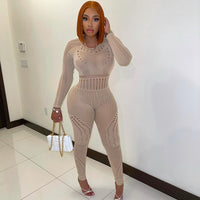 Knitted Pencil Jumpsuit Girl Sexy Hollow Out All in One bodysuit