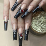 24pcs Press On Tips Nails Long Coffin False Nails Red Rhinestone Full Cover French Ballerina Fake Nails Nail Tips Manicure