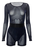 Sexy Mesh Sheer Shorts Suits Long Sleeve Round Collar Bodysuit Top+High-waist Shorts Casual Club Matching Set