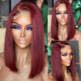 99J Wig Straight Bob Wig Side Part Lace Front Wigs Burgundy Wigs Brazilian Remy Hair Short Bob Straight Human Hair Wig