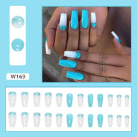 24pcs Wearable Fake Nails Blue Smudged Medium Long Coffin Gold Foil False Nails Full Cover Nail Tips Set Press On Nails DIY Tool - Divine Diva Beauty