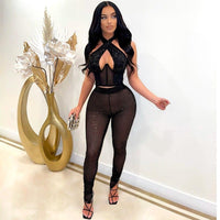 2 pcs Women Set Solid Sequins Halter shirt Strapless Short Tops Long Pants - Divine Diva Beauty