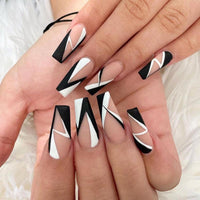 24Pcs British Plaid Lines French Fake Nails Ballet Coffin False Nails With Glue Removable Acrylic Press On Nail Manicure Tips - Divine Diva Beauty