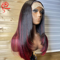 Layered Long Bob Pu Silk Base Lace Closure Wigs 4.5x5.5 Red Color Highlight Human Hair Wigs Burgundy