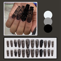 Black Long Ballerina False Nails with Design Butterfly Coffin Fake Nail Tips Press On Nails Rhinestone Manicure Patches