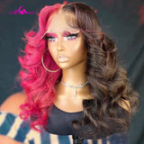 Hot Pink Body Wave Lace Front Wigs Half Pink Half 1B Lace Frontal Human Hair Wigs 10A 5x5 Lace Closure Wig Pre Plucked
