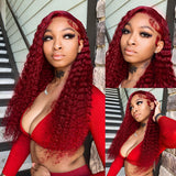 99J Burgundy Transparent Deep Wave Lace Frontal Wig 13x4 Red Color Brazilian Remy T Part Wig Curly Human Hair Wigs
