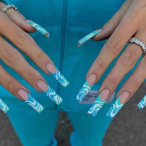 24pcs/Box Wearable Ballerina Fake Nails Blue Ocean Sweet And Cool Matching Full Cover Nail Tips Press On Nails DIY