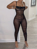 Sexy Mesh Bodycon Camisoles Backless Hollow Transparent Low-cut High Waist Nightclub Bar High Street Fashion Jumpsuit BODYSUIT