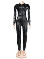 Solid Faux Leather PU Bodycon Jumpsuits BODYSUIT Long Sleeve Zip Up One Pieces
