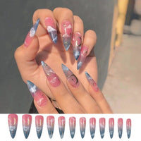 24pcs/Box Detachable Almond False Nails with Moon Star Design French Stiletto Fake Nail Patches Press On Nails Manicure Tips