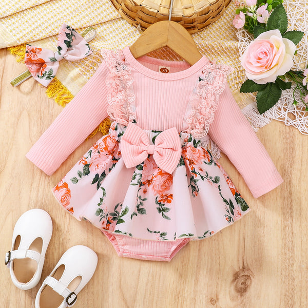 Newborn Infant Baby Girl Romper Long Sleeve Bow Lace Floral Jumper outfit bby