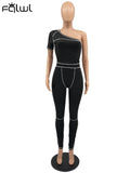 Fall Casual Black Two 2 Piece Sets Skew Collar Short Sleeve Print Tops Skinny Pants Matching Sets