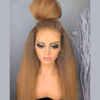 Yaki Kinky Straight 13*4 Lace Front Hair Wig Ombre Blonde Synthetic Lace Wig Pre Plucked Free Part  Brown Root