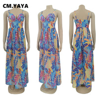 Long Dress Print Sleeveless Strap V-neck Empire Splited Maxi A-line Dress