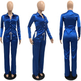 Satin 2 Piece Set Women Sexy Button Long Sleeve Lace Up Shirt Top + Drawstring Pants Party Matching Sets
