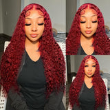 99J Burgundy Transparent Deep Wave Lace Frontal Wig 13x4 Red Color Brazilian Remy T Part Wig Curly Human Hair Wigs