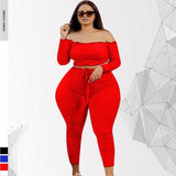 Plus Size avail Set Off-the-shoulder Long Sleeves Tops Lace-up High W Pants Suits