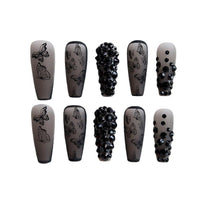 24Pcs Press On Nails Long Coffin Butterfly Wearable False Nails Full Cover French Ballet Fake Nails Black Rhinestone Art - Divine Diva Beauty