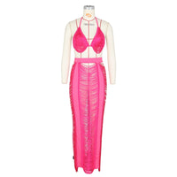 Tassel Two Piece Set Women Beach Dress Lace Up Bra Top Hollow Out Maxi Skirt plus size avail swimwear